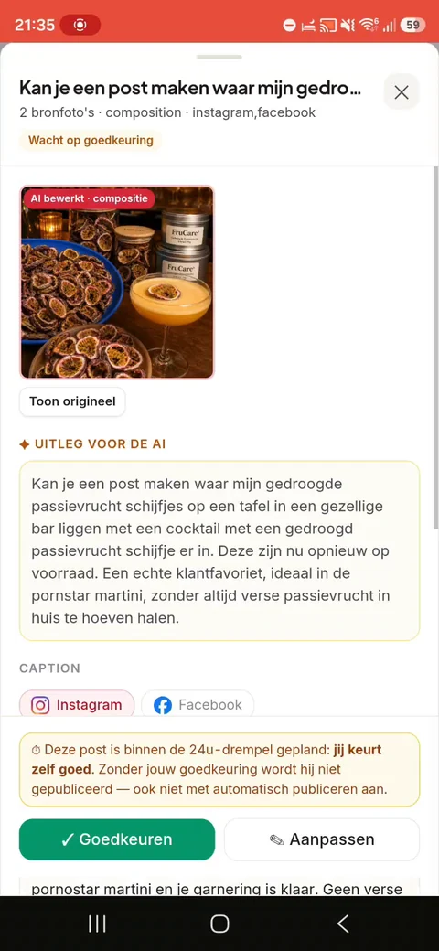 A real FruCare passion fruit post draft awaiting approval